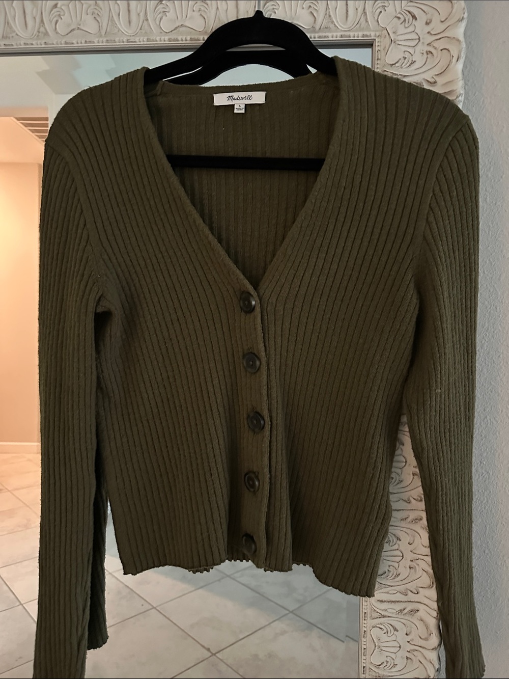 Madewell Olive Ribbed V-Neck Button Cardigan